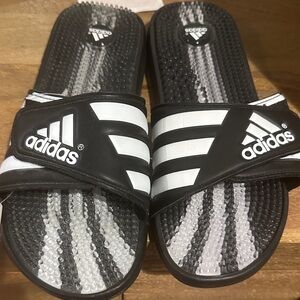Adidas Black and White Striped Slides